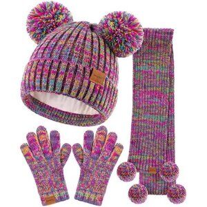 Kids Purple Winter Hat Gloves Scarf Set, Girls Toddler Children Beanie Snow‎ Cap